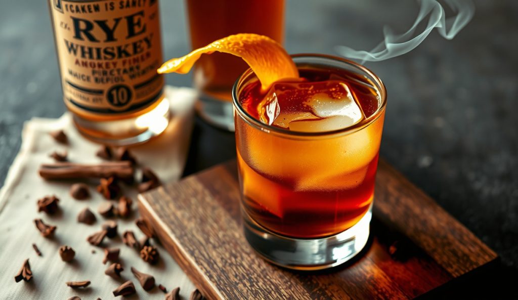 Rye Whiskey Smoked Old-Fashioned variant with pale copper hue, cherry wood chips on the board, orange peel twist expressing oils on the glass rim, dark butcher block surface.