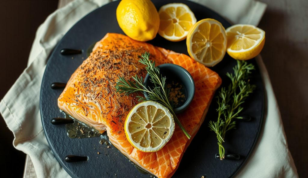 Pellet-smoked King salmon with citrus-dill cure showing lemon zest flecks and dill fronds embedded across the pellicle surface, lemon halves and dill bouquet beside the fillet highlighting the infused cure.