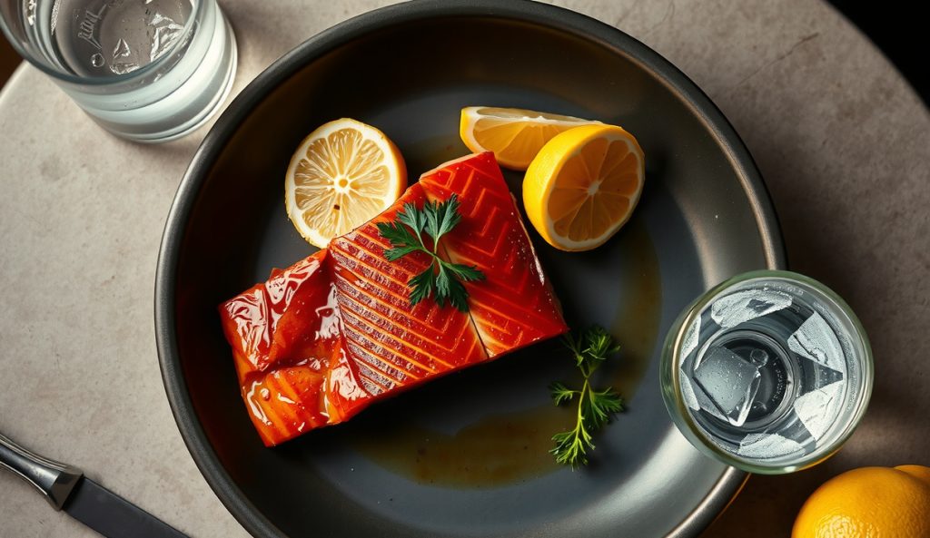 Whole smoked King salmon fillet on a dark stoneware plate, showing a deep amber-copper lacquered pellicle surface free of albumin, with fresh dill, lemon wedges, and alder smoke haze drifting across the frame