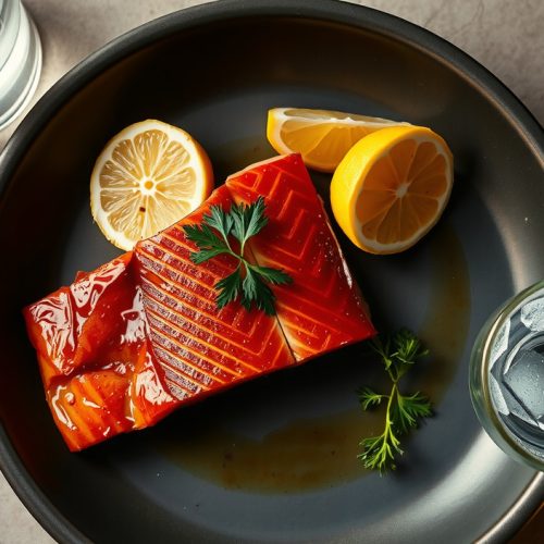 Whole smoked King salmon fillet on a dark stoneware plate, showing a deep amber-copper lacquered pellicle surface free of albumin, with fresh dill, lemon wedges, and alder smoke haze drifting across the frame