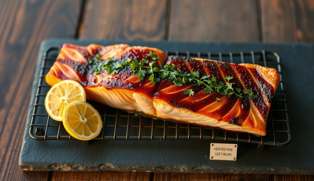 Pellet-smoked king salmon fillet with gluten-free tamari glaze on a pellet grill rack, albumin-free clean surface, fresh dill and lemon rounds, drifting alder smoke above dark slate.