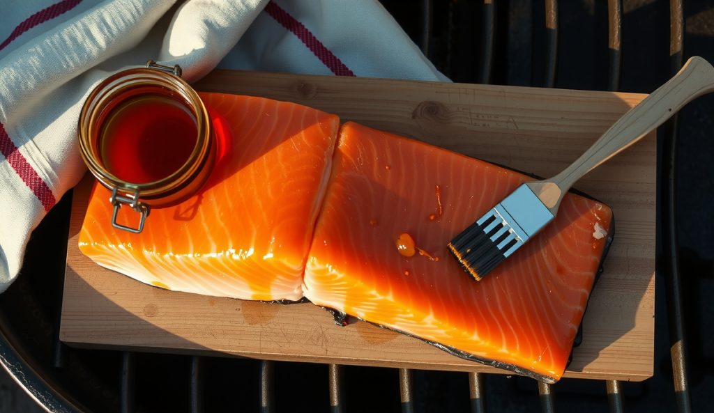 Pellet-smoked King salmon with honey-glaze finish showing amber caramelized fructose browning over the pellicle, honey jar and brush beside the fillet on cedar plank, late-cook glaze application visible.