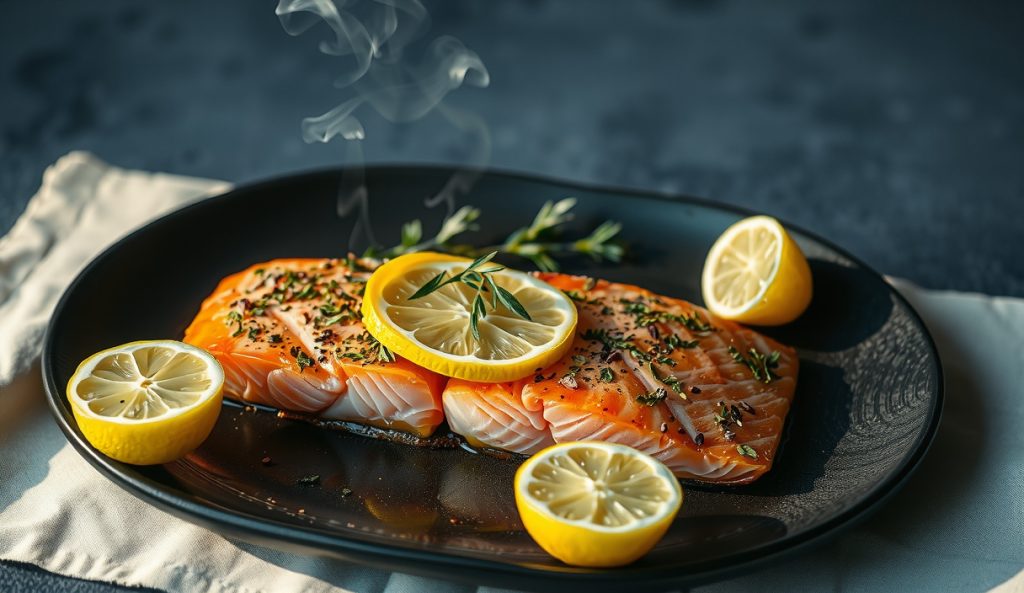 Low-sodium pellet-smoked king salmon with a lemon zest, dill, and cracked pepper herb crust instead of a salt-heavy cure, topped with citrus rounds on dark stoneware with fresh thyme.