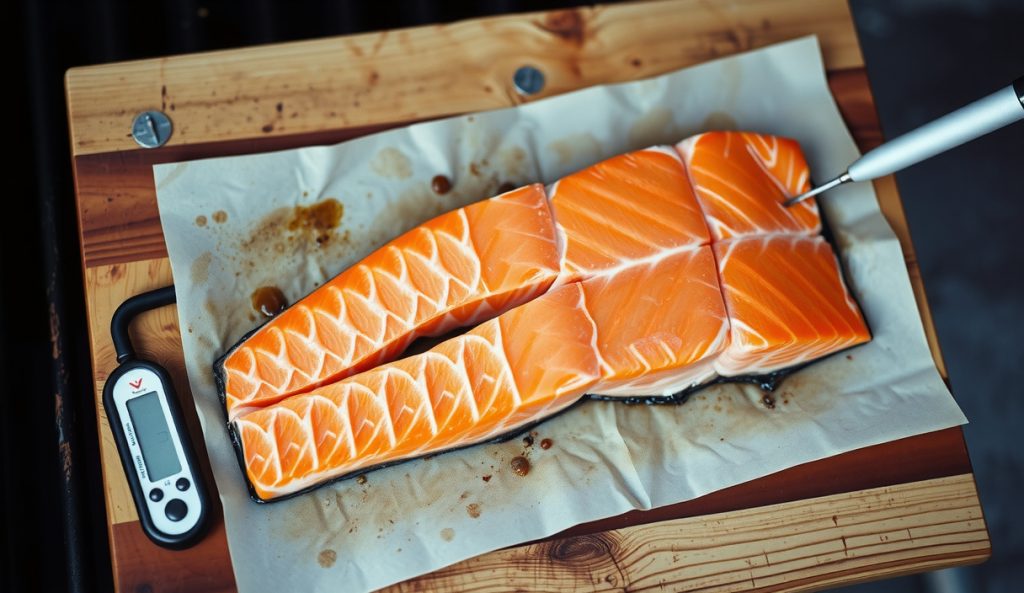 Sockeye salmon on pellet grill grates showing leaner thinner profile and vivid deep-red flesh compared to King salmon, single probe thermometer, shorter cure pellicle, emphasizing the cut-swap adaptation.