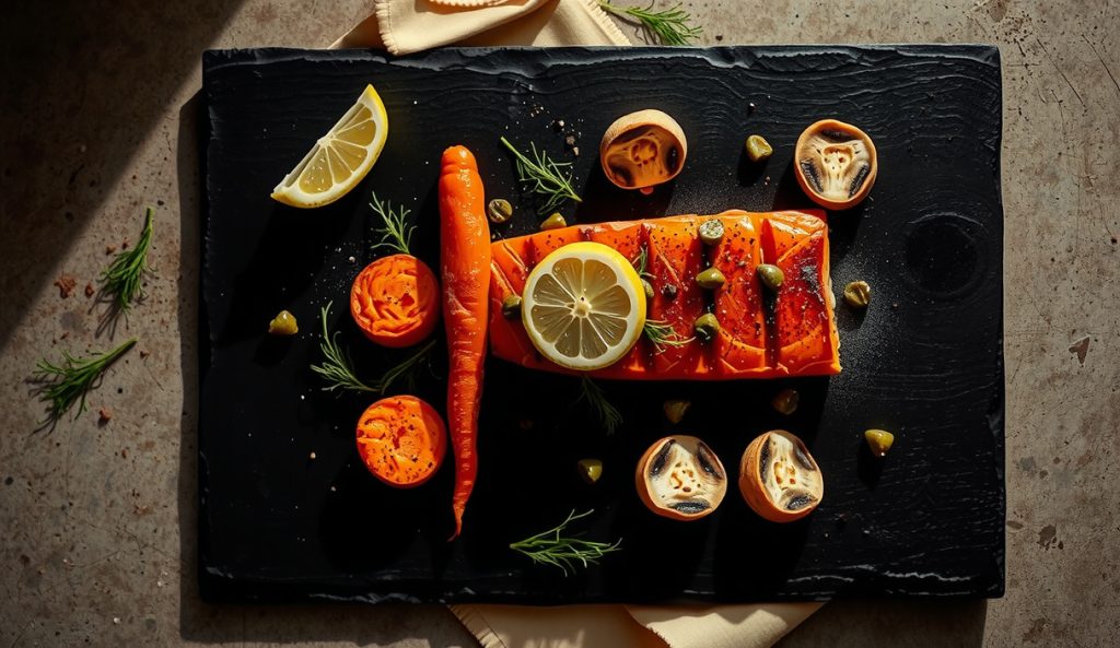 Vegetarian companion: smoked whole carrots and king oyster mushrooms arranged to mimic a salmon fillet on pellet grill grates, with dill oil, capers, and lemon, drifting smoke above dark slate.