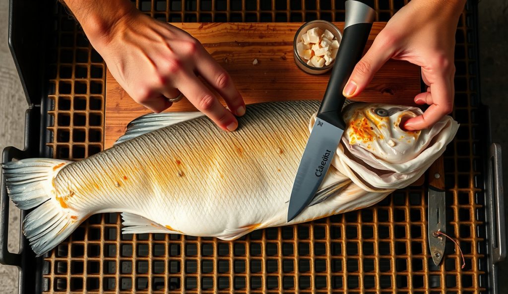 Whole King salmon side spanning full pellet grill grates with dual temperature probes inserted, dry-cure pellicle gleaming, light smoke drifting over the 4 to 6 pound fillet in a scaled-up cook.