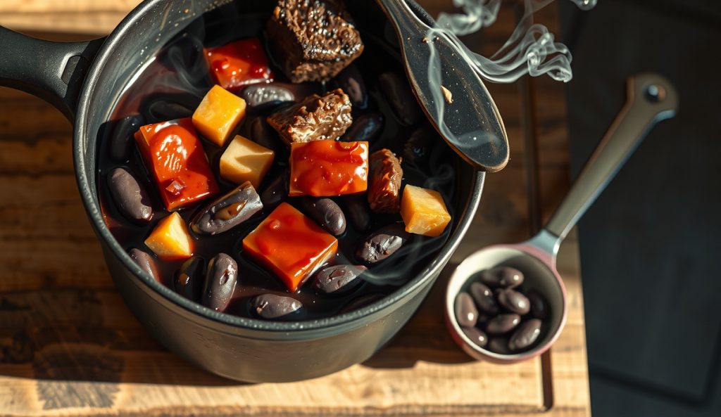 Cast iron dutch oven of Texas-style smoked black beans with brisket trimmings, showing the deeper color and denser texture of the black bean swap variation compared to pintos.