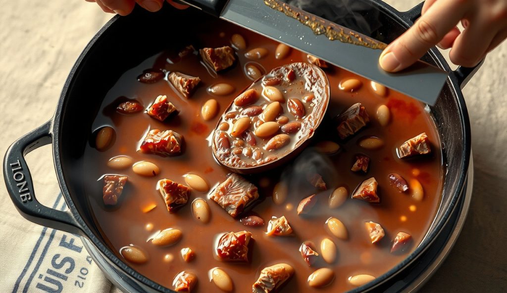 Wide hotel pan holding a doubled competition-scale batch of Texas smoked pit beans, showing the broad surface-area geometry that maximizes smoke absorption for large-batch cooking.