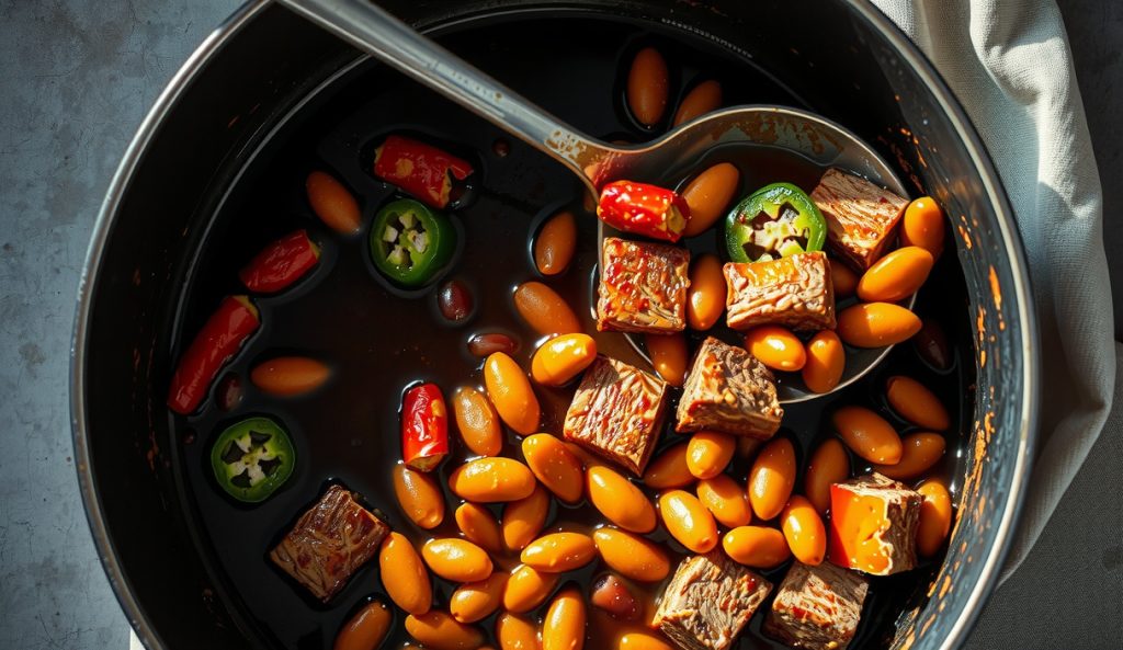 Overhead enamelware pot of Texas pit beans in thick glossy brisket braising liquid with jalapeño slices and visible beef trimming chunks, smoke drifting across the dark surface.