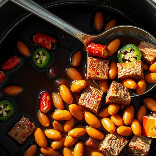 Overhead enamelware pot of Texas pit beans in thick glossy brisket braising liquid with jalapeño slices and visible beef trimming chunks, smoke drifting across the dark surface.