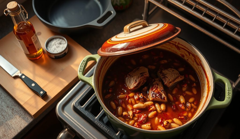 Enameled dutch oven of Texas pit beans made oven and stovetop style, with smoked salt and liquid smoke bottles visible beside the pot — no smoker required for this indoor adaptation.