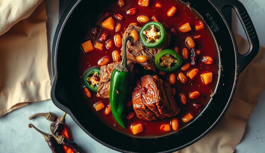 Cast iron pot of spicy Texas pit beans showing the double chile build — fresh jalapeños and dried chiles de árbol throughout, with a deep red chile-oil sheen across the braising liquid.