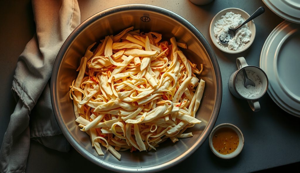 Ten pounds of vinegar-forward coleslaw in a large stainless bowl divided into competition-scale portions, with a neat competition turn-in container at the edge of a prep surface.