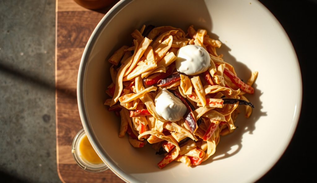 Creamy vinegar hybrid coleslaw in an enamelware bowl, satin-thick dressing coating every strand, a dissolving sour cream dollop on top, mayo jar visible beside it on a butcher block.