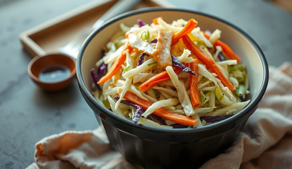 Three-quarter overhead enamelware bowl of vinegar-forward coleslaw with crisp cabbage, carrot ribbons, and glistening apple cider vinegar dressing, condensation on the cold bowl exterior.