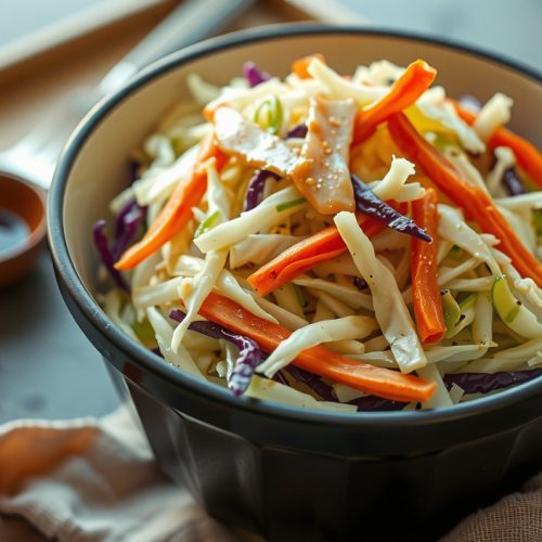 Three-quarter overhead enamelware bowl of vinegar-forward coleslaw with crisp cabbage, carrot ribbons, and glistening apple cider vinegar dressing, condensation on the cold bowl exterior.