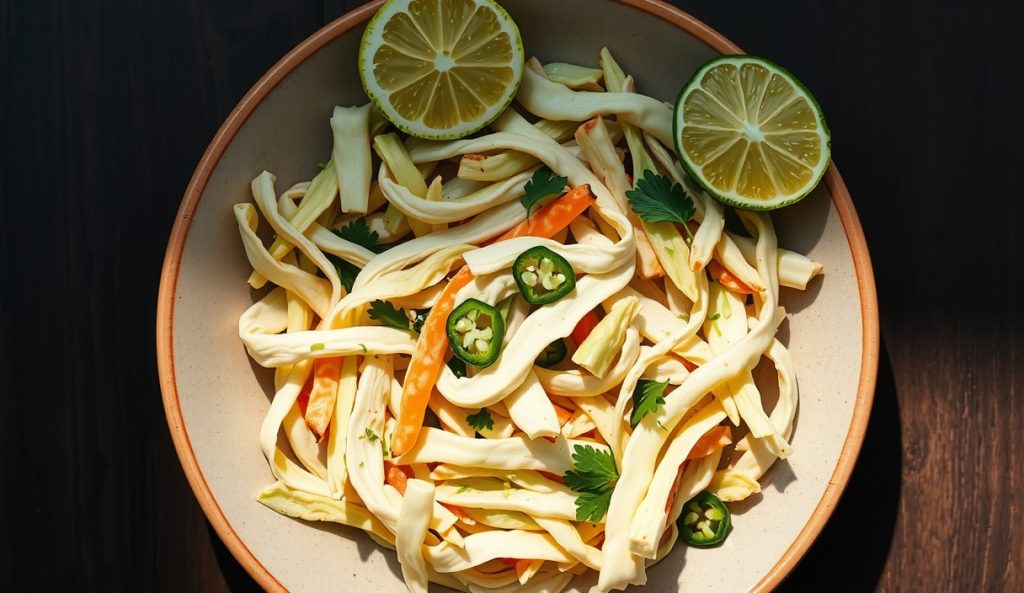 Jalapeño-lime coleslaw in a ceramic bowl with thin jalapeño rings throughout, halved limes squeezed at the edge, and a citrus-forward dressing glistening on bright shredded cabbage.