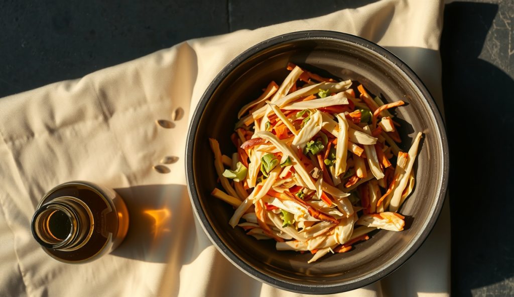 Dairy-free vegan coleslaw in a dark stoneware bowl dressed with avocado oil and aquafaba emulsion, visibly lighter and glossier than mayo-based slaw, with a bottle of avocado oil at the edge.