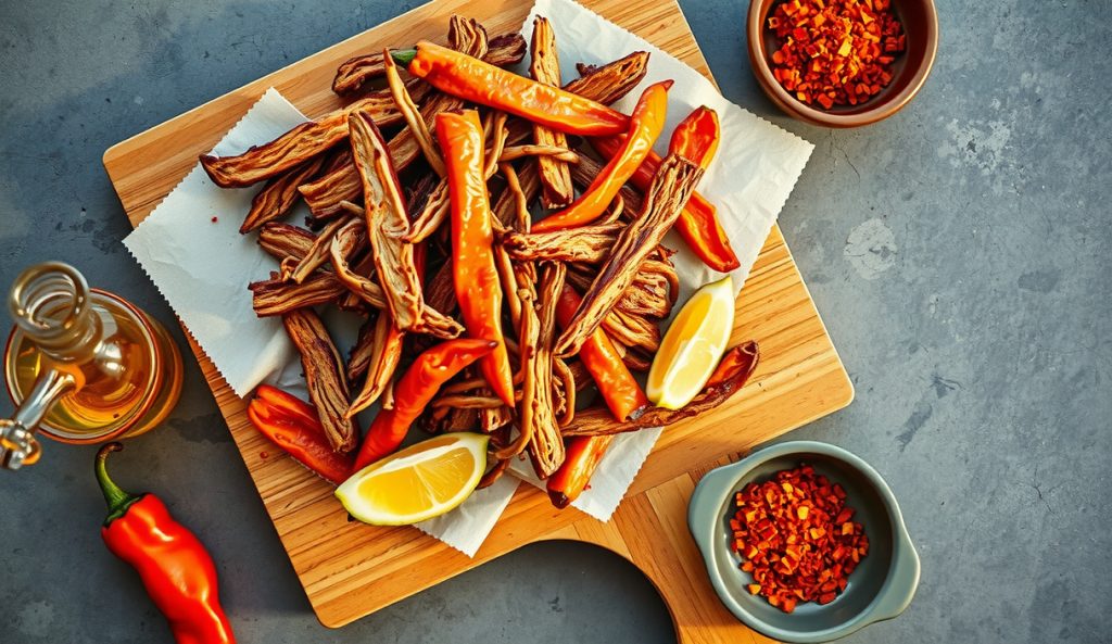 Carolina vinegar-finish plant-based pulled jackfruit with a thin apple cider vinegar glaze and red pepper flakes on a butcher block, vinegar cruet alongside — showing the Eastern NC tomato-free vinegar sauced variation.