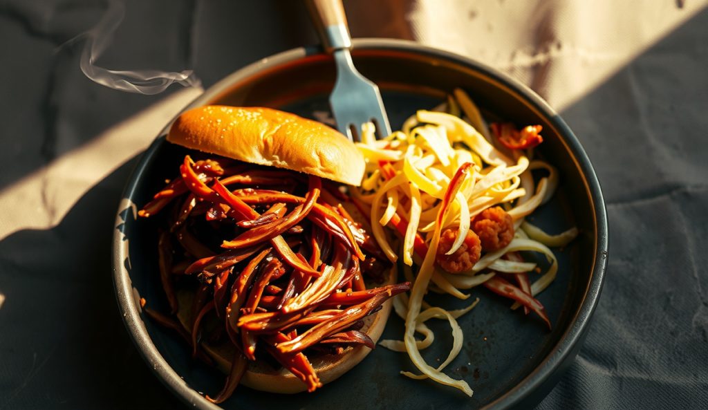 Plant-based pulled jackfruit and soy curls in enamelware showing meat-style mahogany char and fibrous strands, lacquered in tomato-vinegar BBQ sauce with smoke wisps drifting above.
