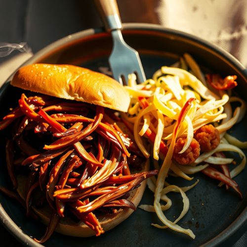 Plant-based pulled jackfruit and soy curls in enamelware showing meat-style mahogany char and fibrous strands, lacquered in tomato-vinegar BBQ sauce with smoke wisps drifting above.