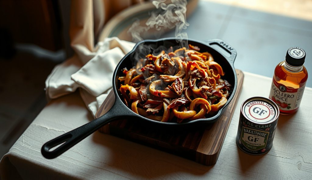 Naturally gluten-free pulled jackfruit and soy curls in a cast iron skillet with certified GF soy curls, Worcestershire, and smoked paprika packaging staged alongside, confirming ingredient verification for the GF adaptation.