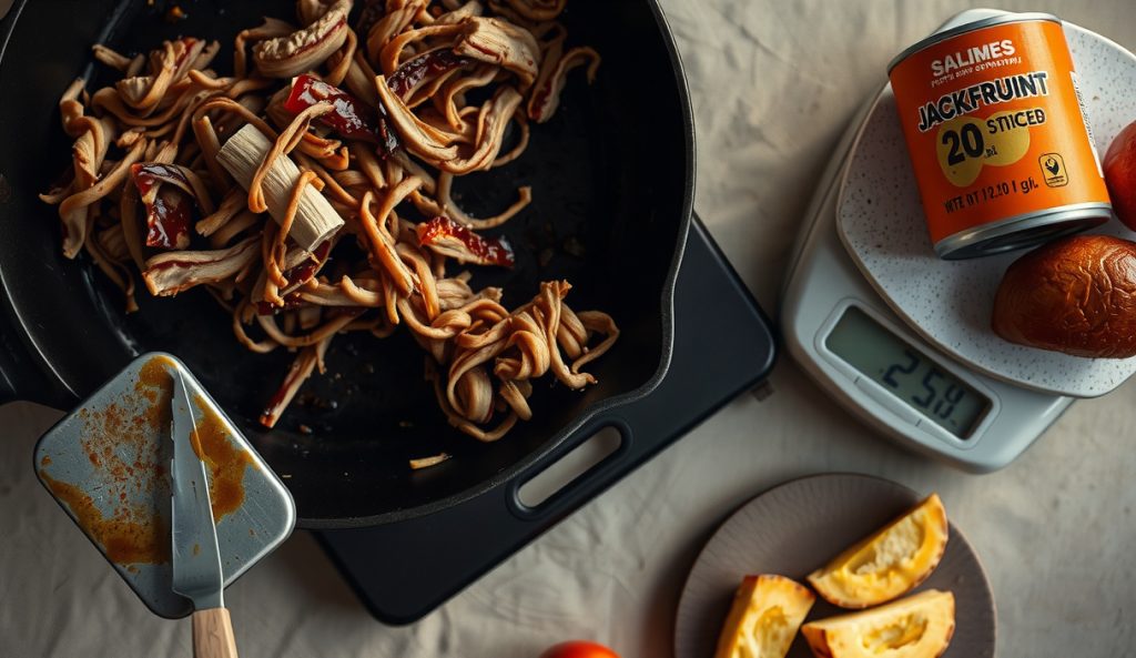 High-protein pulled plant-based pork in a cast iron skillet with doubled soy curls dominating over reduced jackfruit, kitchen scale and a single jackfruit can staged alongside showing the 22g protein per serving build.