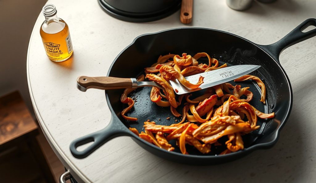 Oven-roasted pulled jackfruit and soy curls on a baking sheet with caramelized Maillard-browned edges, liquid smoke bottle and braising liquid staged alongside, showing the oven-only no-smoker weeknight method.