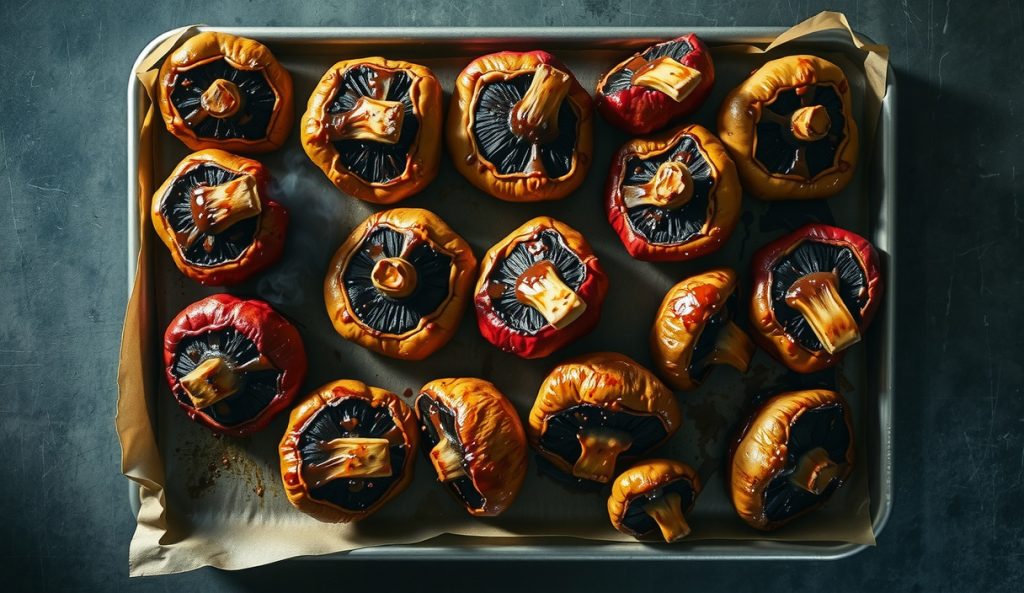A full sheet pan packed in strict single-layer formation with double-batch plant-based smoked mushroom burnt ends glazed with tamarind BBQ sauce, a second pan behind, showing the crowd-scale method.