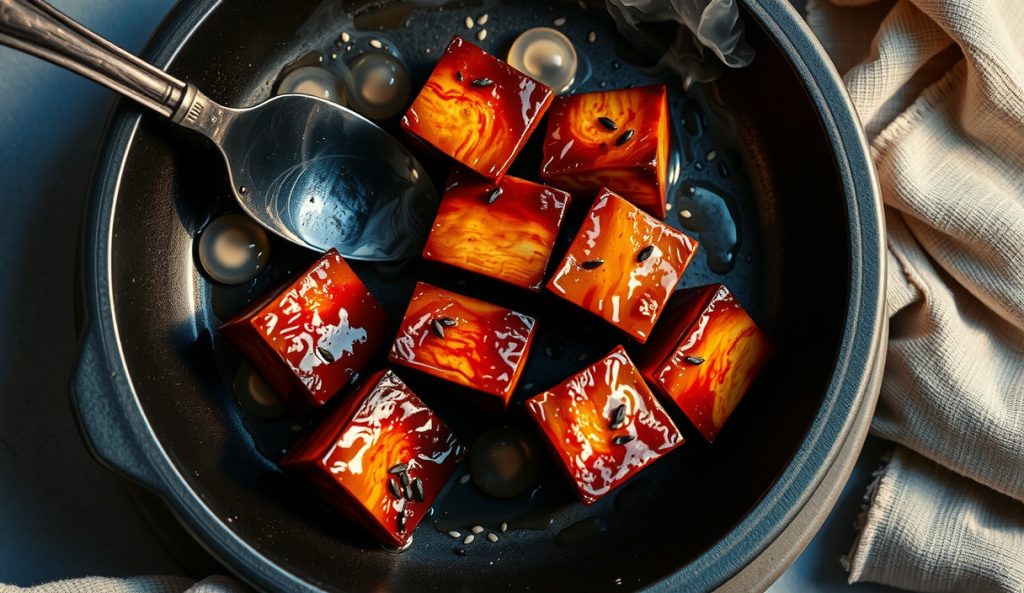 Plant-based smoked king trumpet mushroom burnt ends in a cast iron skillet, showing crosshatch-scored dark bark and sticky hoisin-maple lacquer with steam rising from the hot cubes.