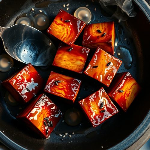 Plant-based smoked king trumpet mushroom burnt ends in a cast iron skillet, showing crosshatch-scored dark bark and sticky hoisin-maple lacquer with steam rising from the hot cubes.