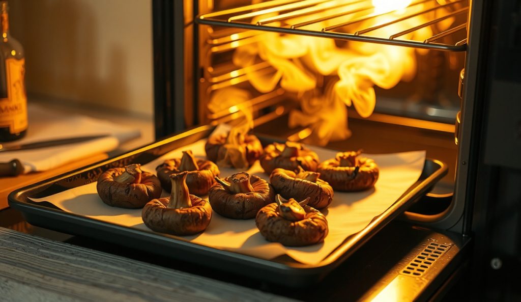 Indoor oven-method plant-based mushroom burnt ends on a baking sheet with broiler-caramelized bark, liquid smoke bottle and smoked paprika staged on the counter, showing the no-smoker oven-only technique.