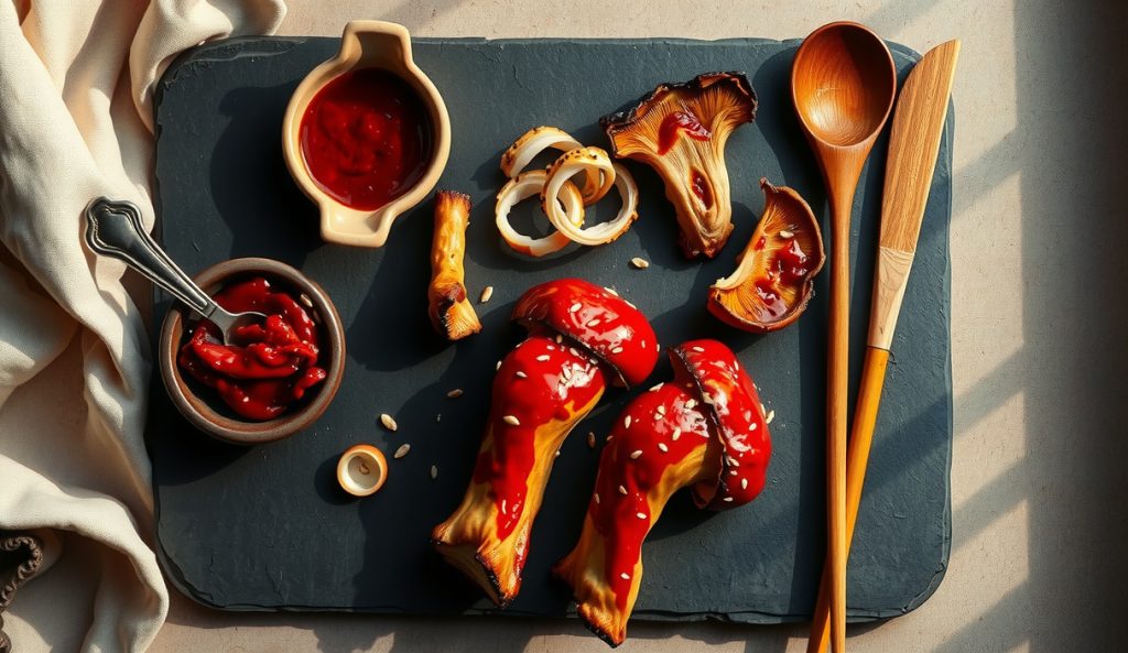 Korean gochujang-glazed plant-based mushroom burnt ends on a slate board with sticky red lacquer glaze, sesame seeds, scallion rings, and a side dish of gochujang paste, showing the Korean BBQ glaze variation.