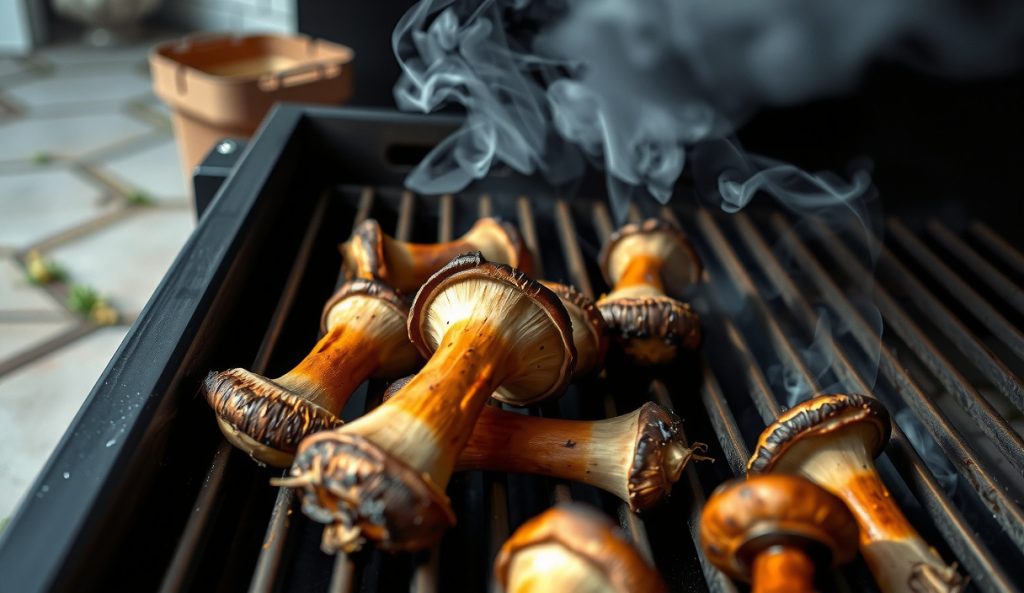 Plant-based mushroom burnt ends on pellet smoker grates in a heavy low-temp smoke phase, blue-white wood smoke drifting over porous mushroom surface, pellet hopper visible, showing the all-wood pellet smoker two-phase method.