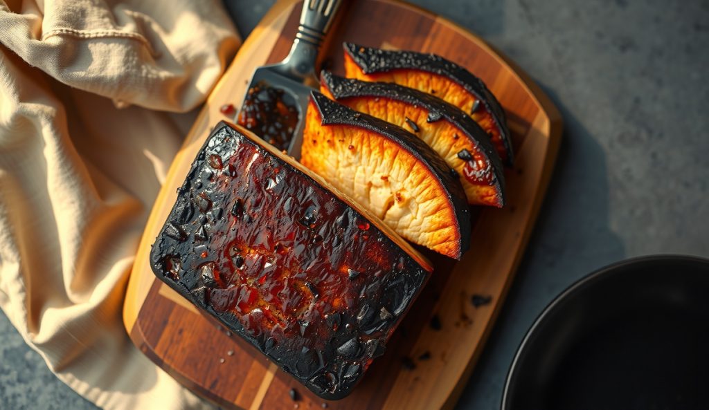 Pressed and smoked plant-based tofu slab sliced on a butcher block, showing dense Maillard bark from soy-maple marinade and a firm interior with visible smoke penetration gradient.