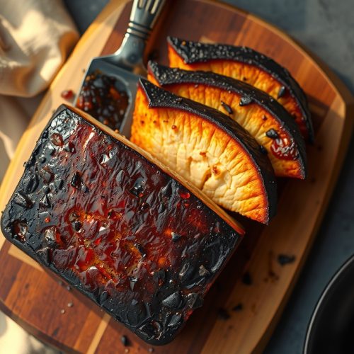 Pressed and smoked plant-based tofu slab sliced on a butcher block, showing dense Maillard bark from soy-maple marinade and a firm interior with visible smoke penetration gradient.