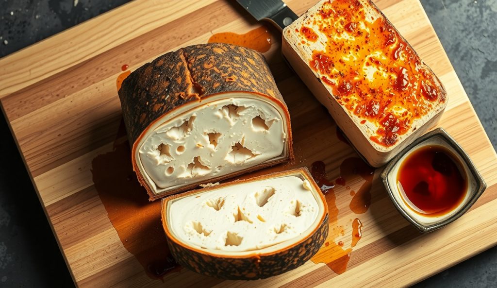 Freeze-thaw pressed tofu sliced open on a butcher block showing the open porous matrix saturated with dark marinade, demonstrating the high-protein freeze-thaw absorption method.