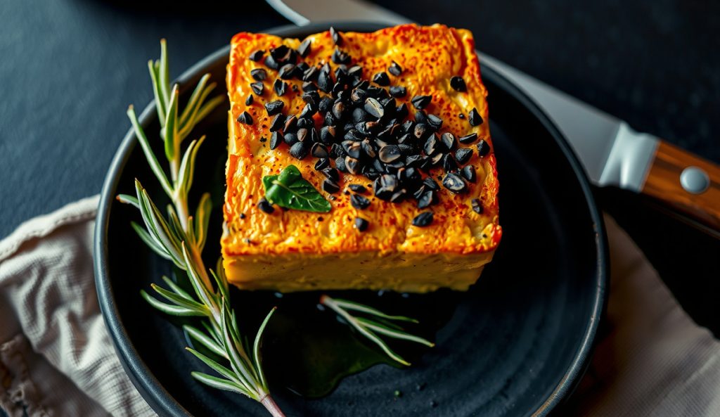 Herb-crusted smoked tofu block on dark stoneware showing a rosemary, black pepper, and nutritional yeast bark with avocado oil sheen, steam rising from the warm crust.