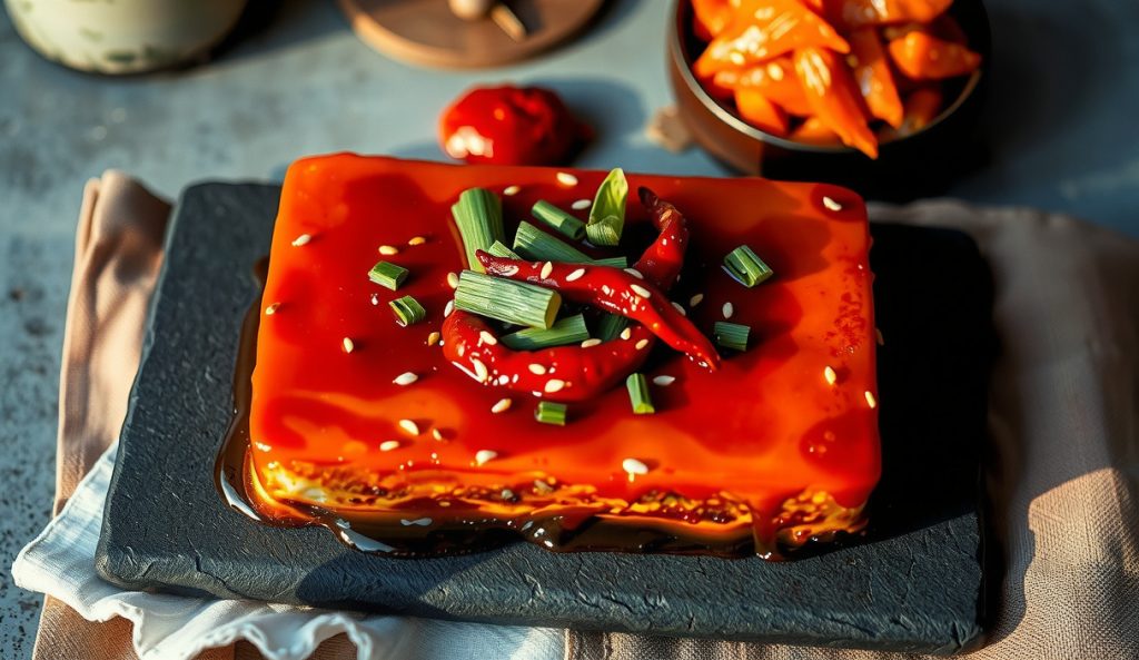 Korean gochujang-glazed smoked tofu on a slate board with a sticky red lacquered bark, toasted sesame seeds, and scallion greens, with a side of kimchi and gochujang paste visible.