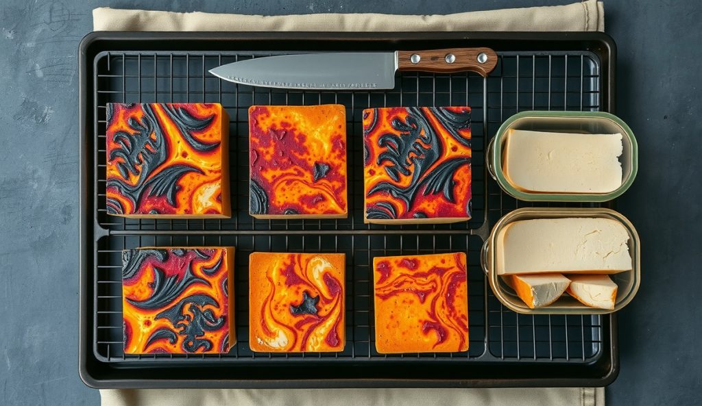 Four pressed smoked tofu blocks on a wire rack with dark bark, one sliced open to reveal dense interior, meal-prep containers stacked alongside showing scaled-up weekly protein prep.