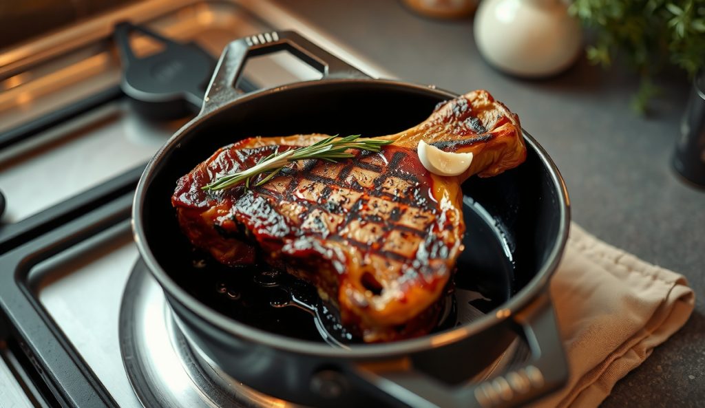 Thick ribeye steak finishing in a screaming-hot cast iron skillet on a stovetop, deep mahogany crust forming, aggressive sizzle smoke, cast iron finish indoor reverse-sear variation, garlic and rosemary in pan.