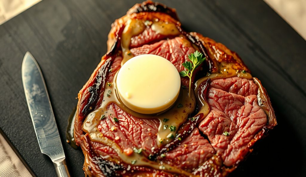 Reverse-seared ribeye on a dark butcher block with herb compound butter disc melting into the crust, golden butter pooling into sear ridges, herbs visible in butter, butter-finish technique at the four-minute rest stage.