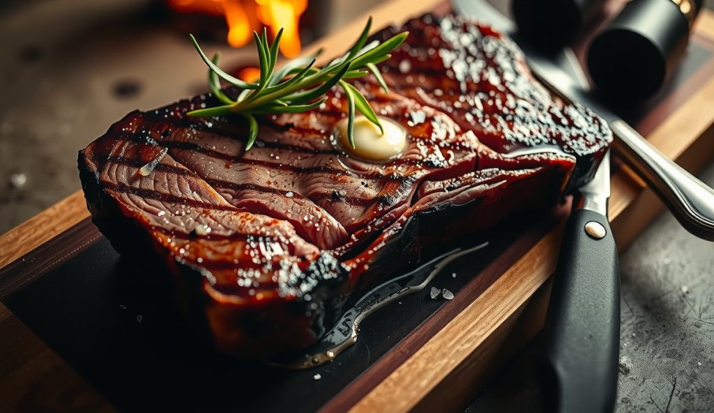 Thick bone-in ribeye sliced on a cast iron skillet showing edge-to-edge medium-rare pink interior, a dark Maillard sear crust, melted butter pooling around the base and fresh rosemary wilting alongside