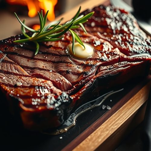 Thick bone-in ribeye sliced on a cast iron skillet showing edge-to-edge medium-rare pink interior, a dark Maillard sear crust, melted butter pooling around the base and fresh rosemary wilting alongside