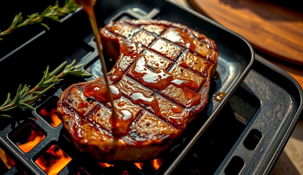Gluten-free reverse-sear ribeye with herb-and-pepper GF rub on charcoal grill grates, diamond sear crust, rosemary butter basting, ember glow and juice running, no flour present.