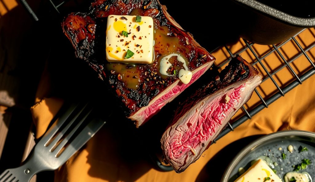 Keto reverse-sear ribeye with sugar-free herb compound butter melting over intense char crust, edge-to-edge pink interior sliced open, butter steam rising on charred wire rack.