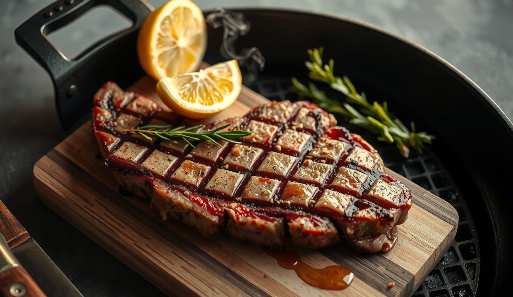 Low-sodium reverse-sear ribeye with citrus-herb reduced-salt rub on grill grates, lemon half and fresh herb bundle alongside, cracked white pepper crust visible, smoke drifting.