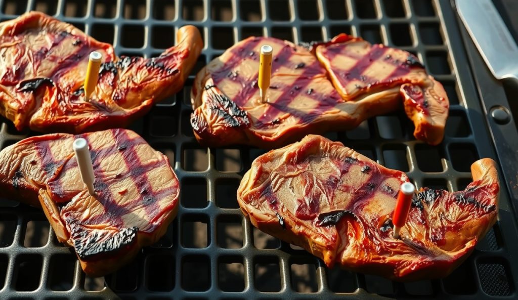 Four thick ribeye steaks on grill grates with deliberate spacing, each with individual probe thermometer, deep mahogany sear crust on all four, scaled-up reverse-sear cook with staggered doneness monitoring.