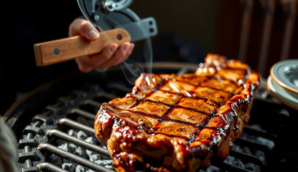 Thick ribeye in the indirect phase on a kettle grill, post oak chunk on coals producing visible white smoke curling over the moist steak surface, smoke ring forming at the edge, smoke integration technique visible.