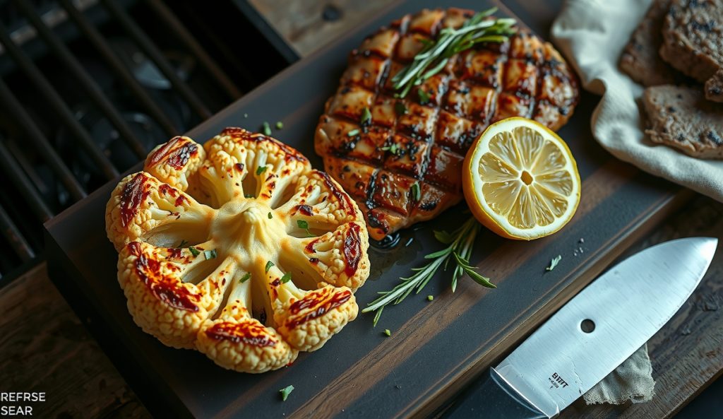 Vegetarian reverse-sear companion: thick cauliflower steak and king trumpet mushroom with diamond sear grill marks, herb-butter glisten, smoke curling from grill grates on dark butcher block.